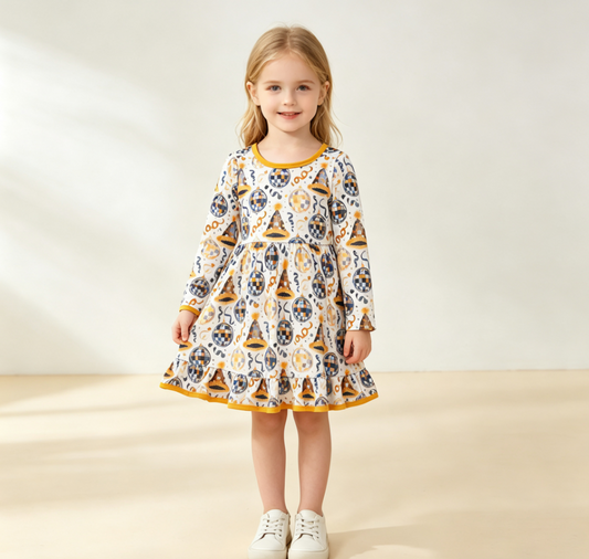 Baby Girls Kids Long Sleeves Happy New Year Knee Length Dress Clothes