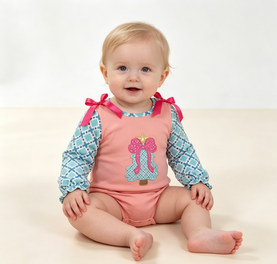 Baby Girls Infant Embroidery Bow Tree Christmas Bubble Romper Clothes