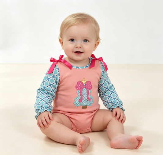 Baby Girls Infant Embroidery Bow Tree Christmas Bubble Romper Clothes