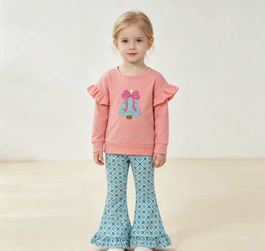 Baby Girls Kids Embroidery Christmas Tree Bows Tunic Plaid Pants Set Clothes