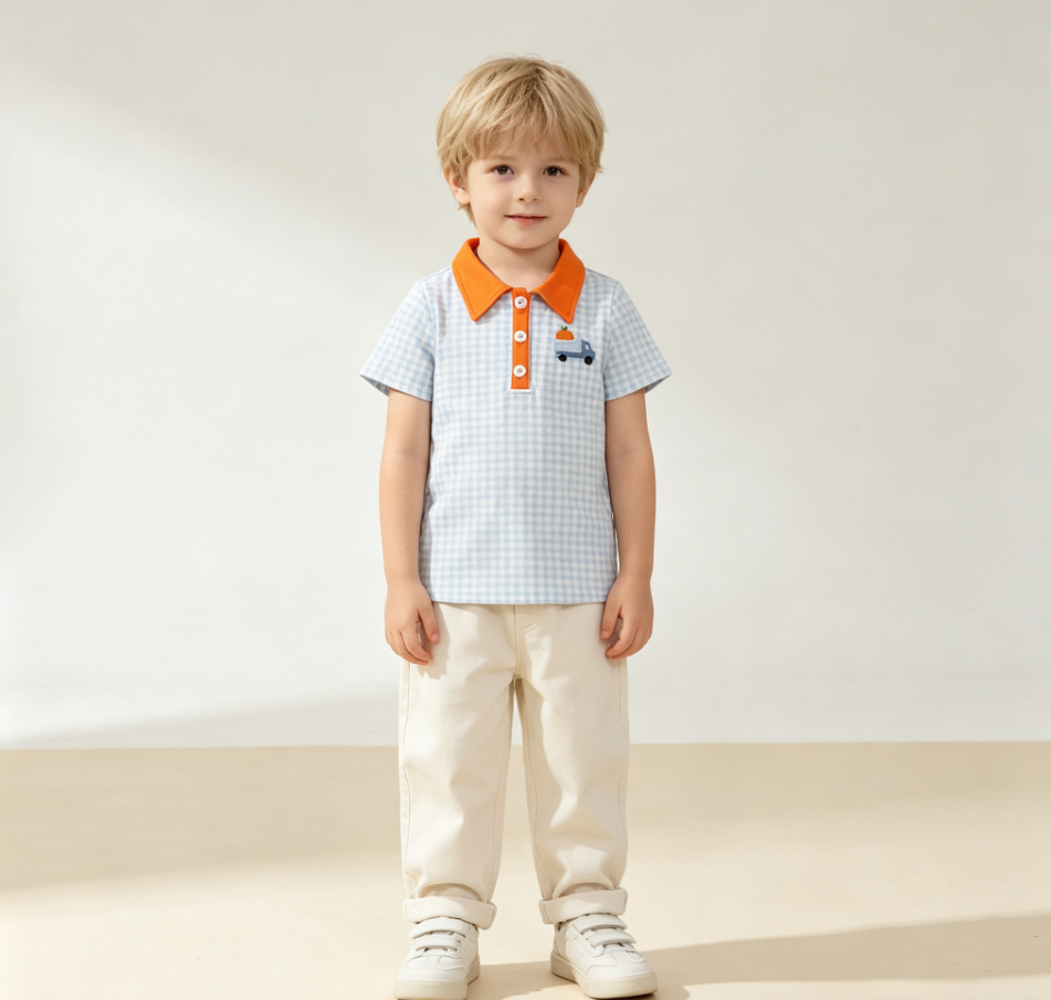 Baby Boys Kids Embroidery Pumpkin Truck Blue Plaid Buttons Shirt Kids Thanksgiving Clothes
