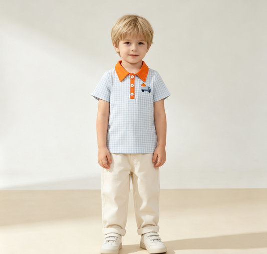 Baby Boys Kids Embroidery Pumpkin Truck Blue Plaid Buttons Shirt Kids Thanksgiving Clothes