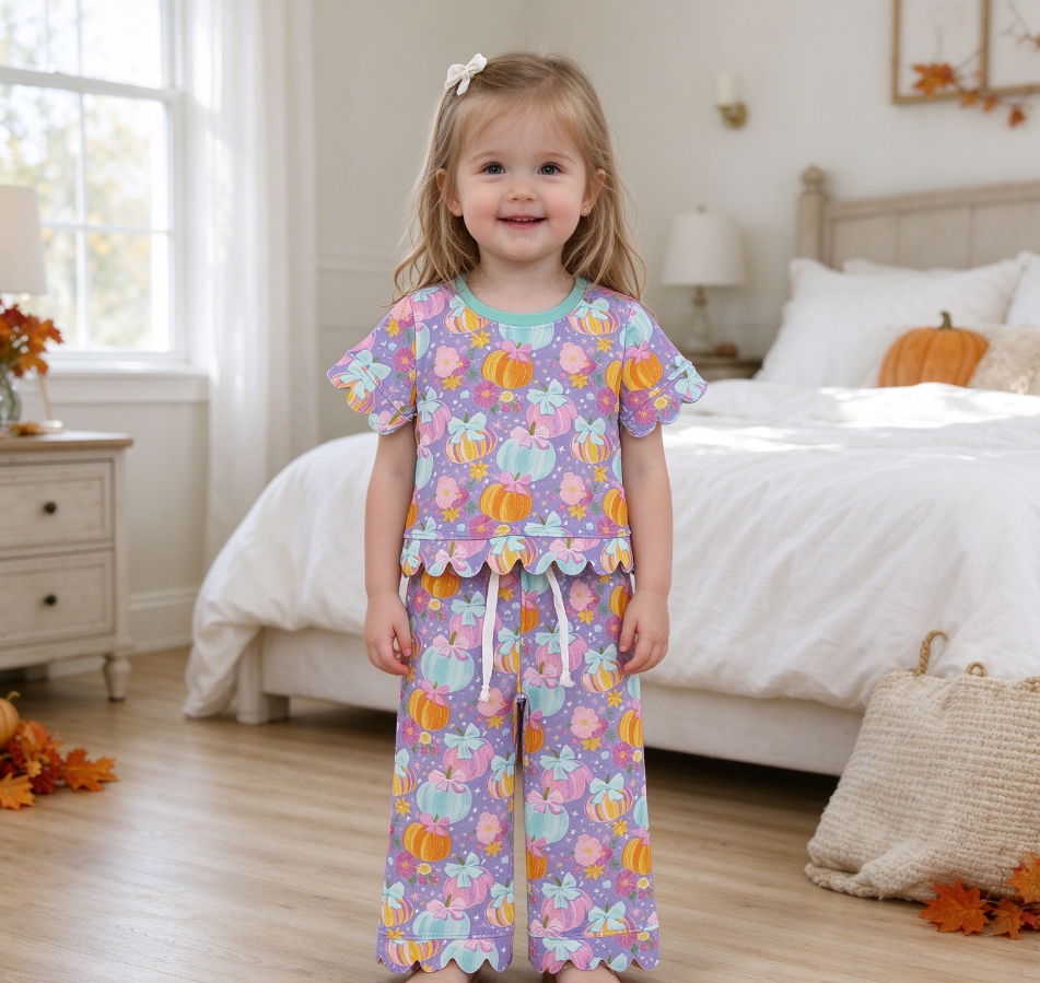 Baby Girls Kids Pumpkins Flower Bows Tops Pants Scallop Fall Set Purple Clothes