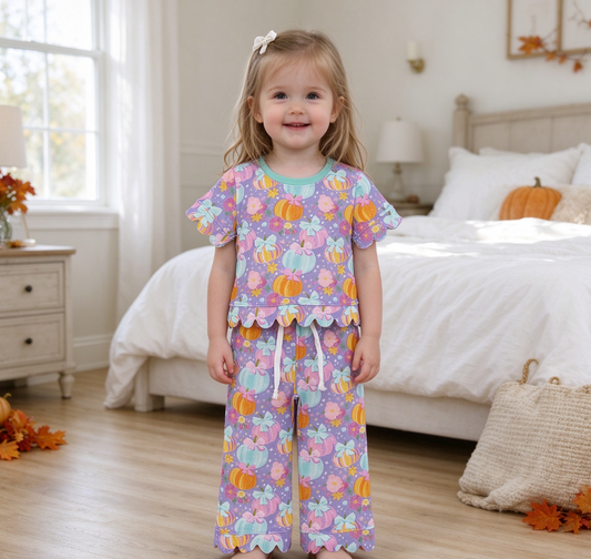 Baby Girls Kids Pumpkins Flower Bows Tops Pants Scallop Fall Set Purple Clothes