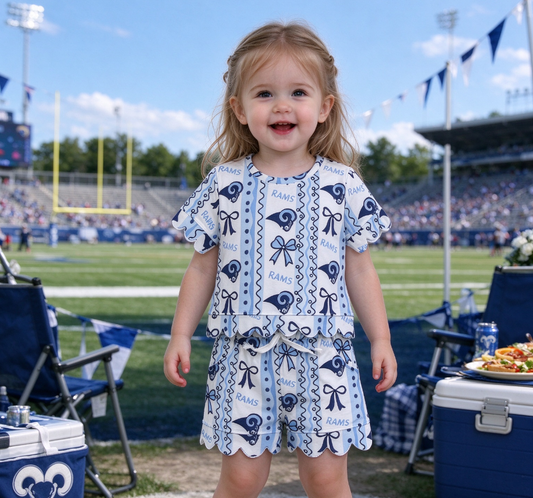 Baby Girls Kids Short Sleeves Blue Bows Shirt Scallop Shorts Set Team Clothes