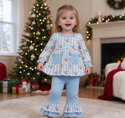 Baby Girl Kids Christmas Santa Stripes Pockets Tunic Blue Ruffle Pants Set Clothes