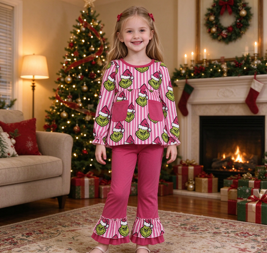 Baby Girl Kids Christmas Green Face Stripes Pockets Tunic Pink Pants Set Clothes