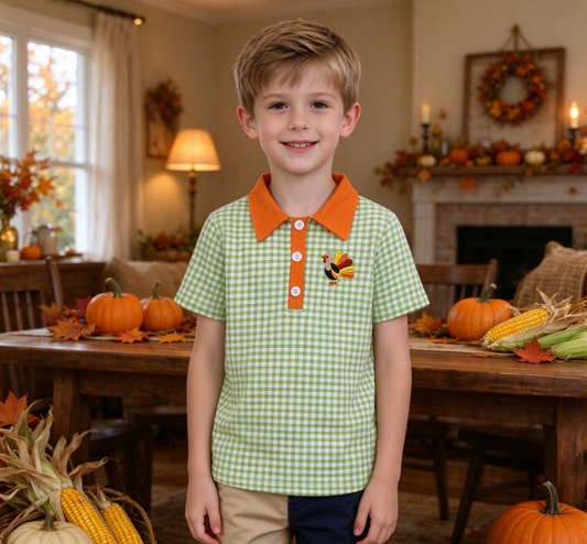 Baby Boys Embroidery turkey Green Plaid Buttons Shirt Kids Thanksgiving Clothes