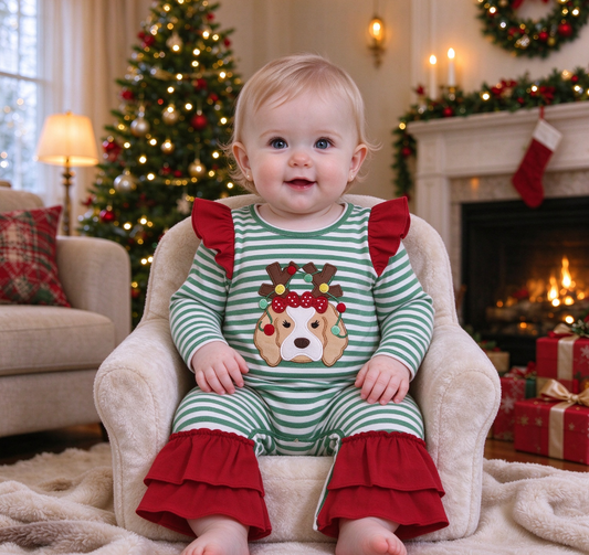 Baby Girl Kids Long Sleeves Embroidery Christmas Dog Green Stripes Romper Clothes