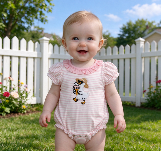 Baby Girls Infant Short Sleeves Embroidery Gooses Pink Stripe Bubble Romper