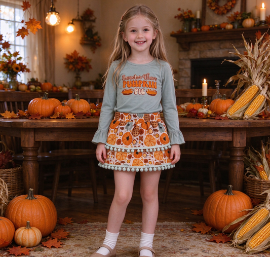 Baby Girls Kids Long Sleeves Pumpkin Pie Tops Skirt Thanksgiving Fall Set