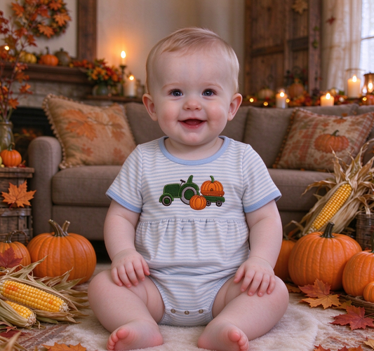 Baby Boys Kids Embroidery Pumpkin Tractor Blue Stripes Fall Romper Clothes