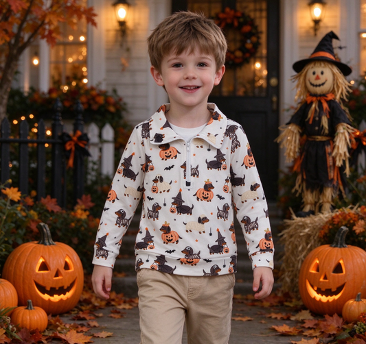 Toddler Kids Long Sleeves Dogs Pumpkins Halloween Pullover Zipper Shirt Clothes