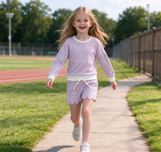 Baby Girls Kids Long Sleeves Purple Stripes Shirt Scallop Shorts Set Yoga Active Clothes
