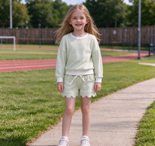 Baby Girls Kids Long Sleeves Green Stripes Shirt Scallop Shorts Set Yoga Active Clothes