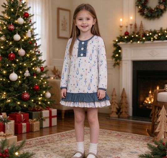 Baby Girls Kids Long Sleeves Christmas Soldier Blue Ruffle Dress