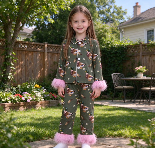 Baby Girls Kids Ducks Bows Flower Buttons Shirt Pink Fur Pants Pajamas Set Clothes