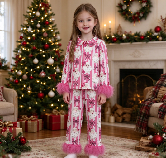 Baby Girls Kids Fur Christmas Santa Bows Stripes Buttons Shirt Pants Fall Pajamas Set Clothes