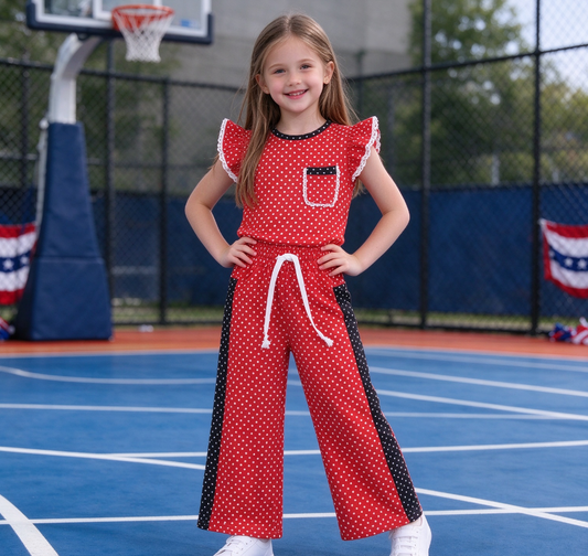 Baby Girls Kids Short Sleeves Dot‌s Pocket Tops Pants Red Set Team Clothes