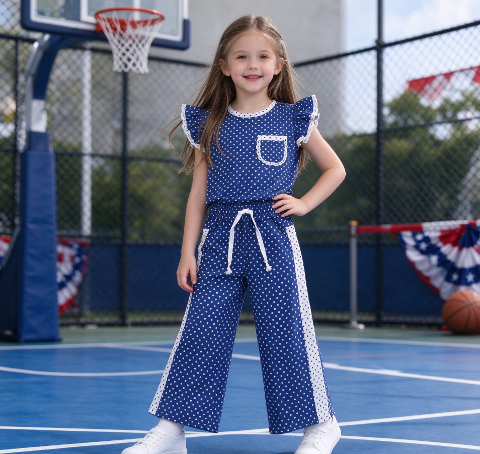 Baby Girls Kids Short Sleeves Dot‌s Tops Pockets Pants Blue Set Team Clothes