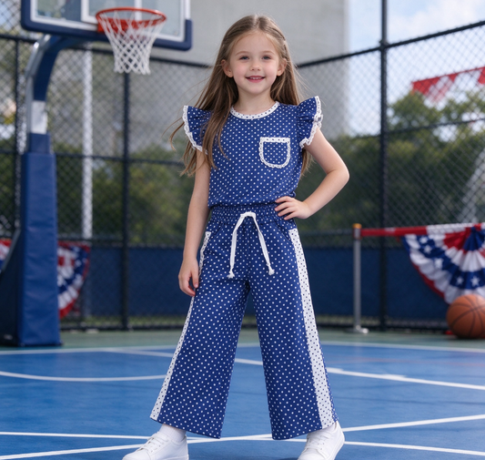 Baby Girls Kids Short Sleeves Dot‌s Tops Pockets Pants Blue Set Team Clothes