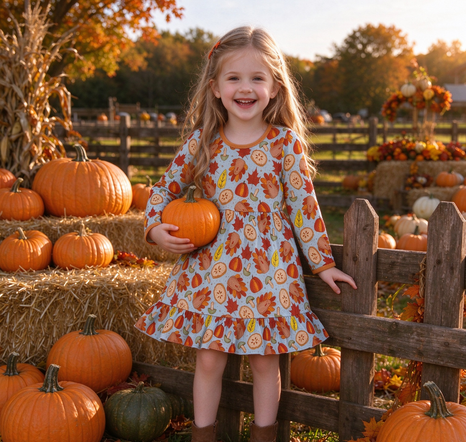 Baby Girls Kids Long Sleeves Pumpkins turkey Thanksgiving Knee Length  Dress