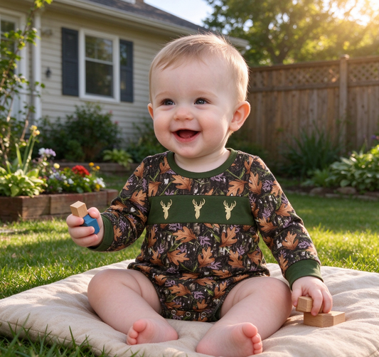Boys Infant Long Sleeves Embroidery Deer Camo Bubble Romper
