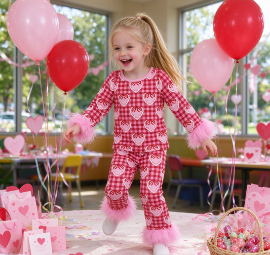 Baby Girls Kids Hearts Bows Plaid Shirt Pants Valentine Pajamas Fur Set Clothes