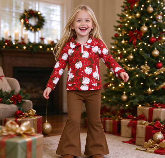 Baby Girls Kids Christmas Santa Zipper Pockets Tops Brown Pants Set Clothes
