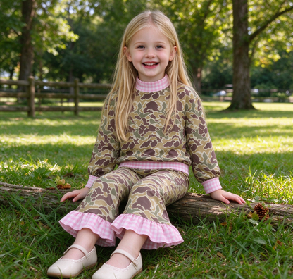 Baby Girls Kids Long Sleeves Plaid Pullover Camo Bell Pants Set Clothes