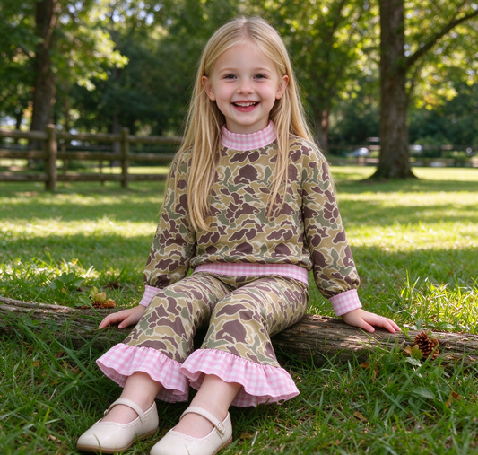 Baby Girls Kids Long Sleeves Plaid Pullover Camo Bell Pants Set Clothes