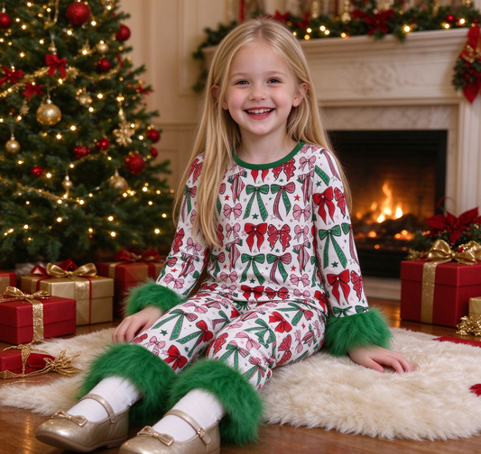 Baby Girls Kids Long Sleeves Christmas Bows Shirt Green Fur Pants Set Pajamas Clothes