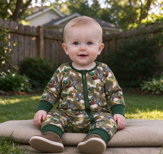 Baby Boys Infant Long Sleeves Ducks Camo Green Zipper Footie Sleeper Romper Clothes