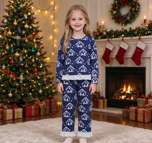 Baby Girls Kids Nativity Blue Ruffle Shirt Pants Set Christmas Pajamas Clothes