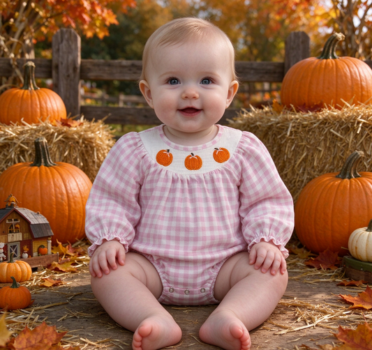 Baby Girls Infant Long Sleeves Embroidery Pumpkins Bows Plaid Smocked Romper Clothes