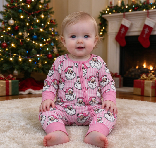 Baby Girls Kids Long Sleeves Christmas Santa Pink Stripes Zipper Footie Sleeper Romper
