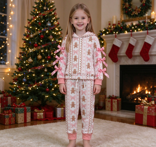 Baby Girls Kids Christmas Gingerbread Bows Hoodie Pullover Pockets Pants Set Clothes