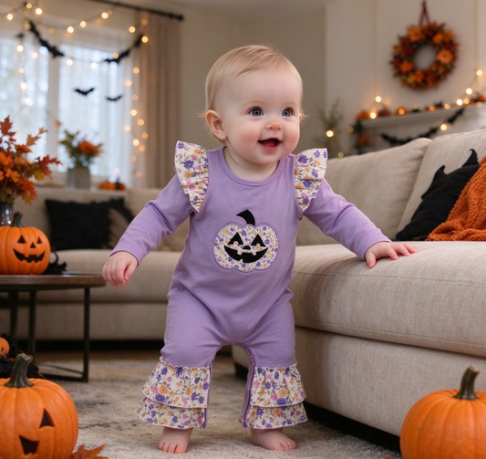 Baby Kids Infant Embroidery Halloween Pumpkin Bow Flower Purple Romper Clothes