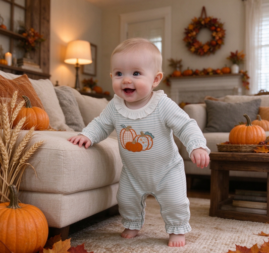 Baby Girl Kids Long Sleeves Embroidery Pumpkins Green Stripes Fall Romper Clothes