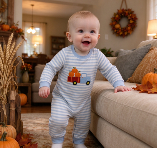 Baby Boy Infant Embroidery Pumpkins Truck Stripes Romper Fall Clothes