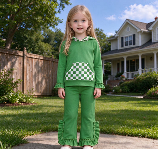Baby Girls Kids Long Sleeves Checked Pocket Hoodie Shirt Pants Green Set Cotton Clothes