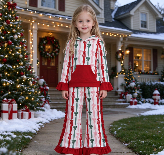 Baby Girls Kids Christmas Bows Stripes Hoodie Pocket Hoodie Ruffle Pants Set Clothes