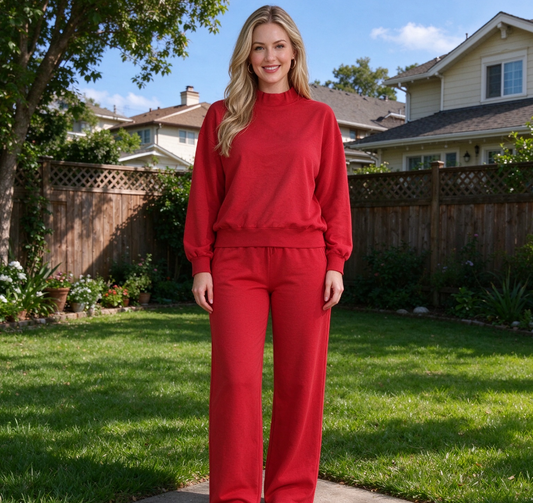 Adult Women Long Sleeves Red Shirt Pockets Pants Cotton Set Clothes