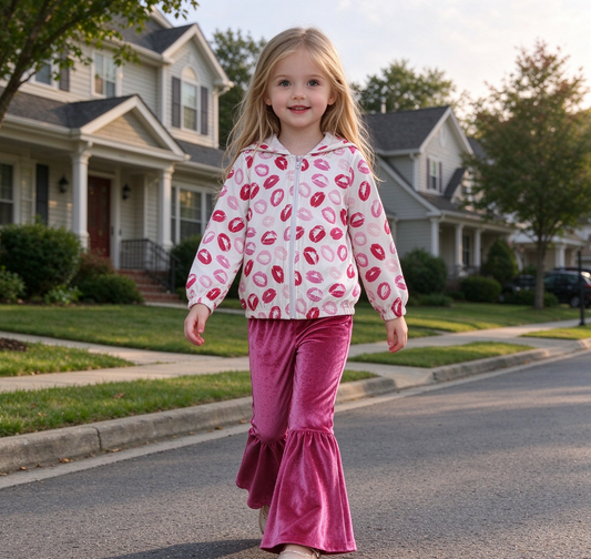 Baby Girl Kids Long Sleeves Zipper Hoodie Mouths Tops Velvet Pants Set Valentine Clothes