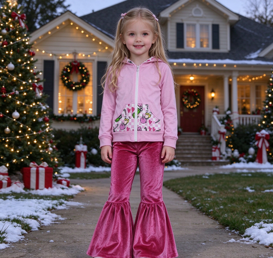 Baby Girl Kids Long Sleeves Zipper Hoodie Face Tops Velvet Pants Set Christmas Clothes
