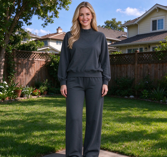 Adult Women Long Sleeves Black Shirt Pockets Pants Cotton Set Clothes