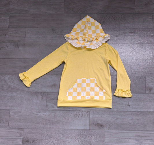 No moq Preorder Baby Girls Kids Long Sleeves Yellow Hoodie Checked Pocket Pullover Tops Clothes