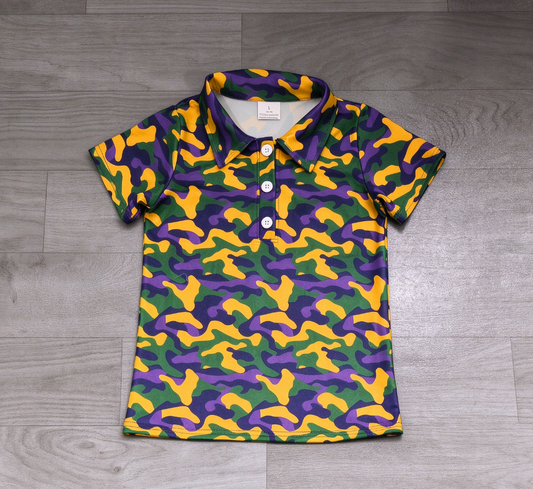 No moq Preorder Baby Boys Kids Camo Short Sleeves Buttons Mardi Gras Shirt Tops Clothes