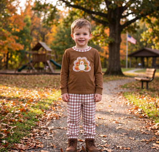 Baby Boy Kids Embroidery turkey Shirt Plaid Pants Thanksgiving Fall Set Clothes