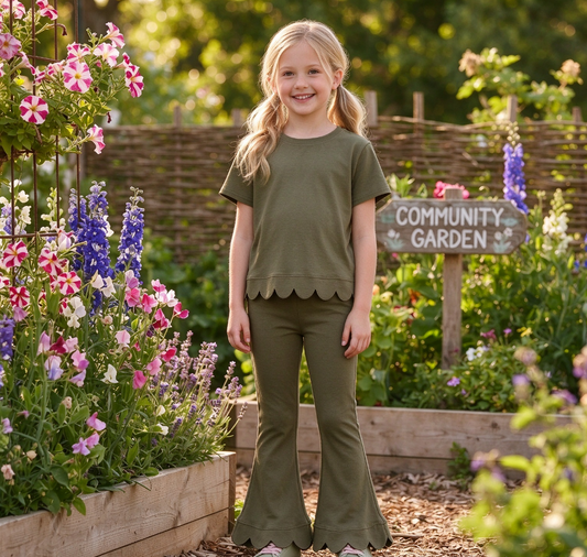 Baby Girls Kids Short Sleeves Olive Shirt Pants Scallop Set Olive Clothes